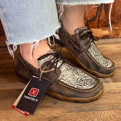 Twisted X Women’s Brown and Floral Embossed Boat Shoe Driving Moc SMUWDM53