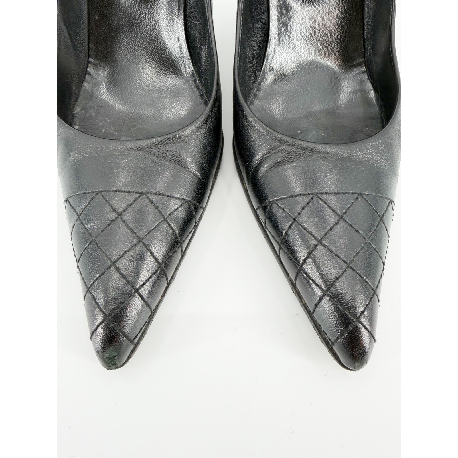 Chanel Quilted Cap Toe Pointed Pumps Black Leather CC Logo Back Heel Shoes 39