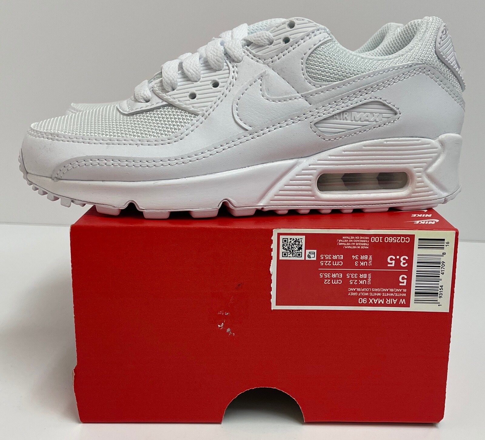 Nike Air Max 90 CQ2560 100 Triple White Women’s Sneakers WOMEN SIZE 5 MEN 3.5