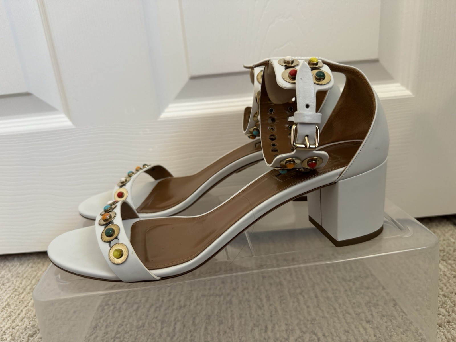 Aquazzura Women’s White Leather Studded Ankle Strap Buckle Block Sandals EU 41