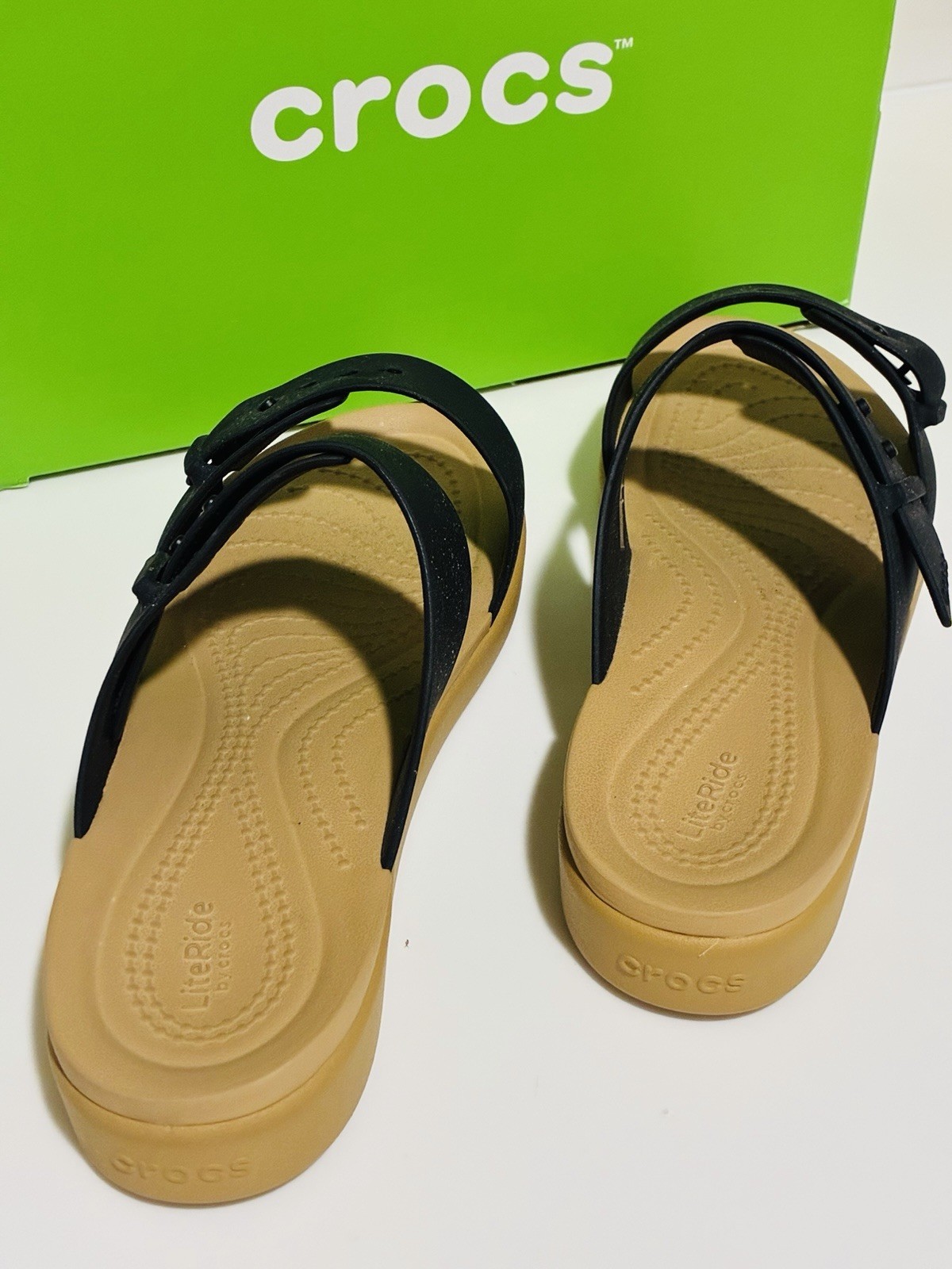 Size 6 Women Crocs Brooklyn Buckle Low Low Sandals Slip-On Wedge Black/Tan w/Box
