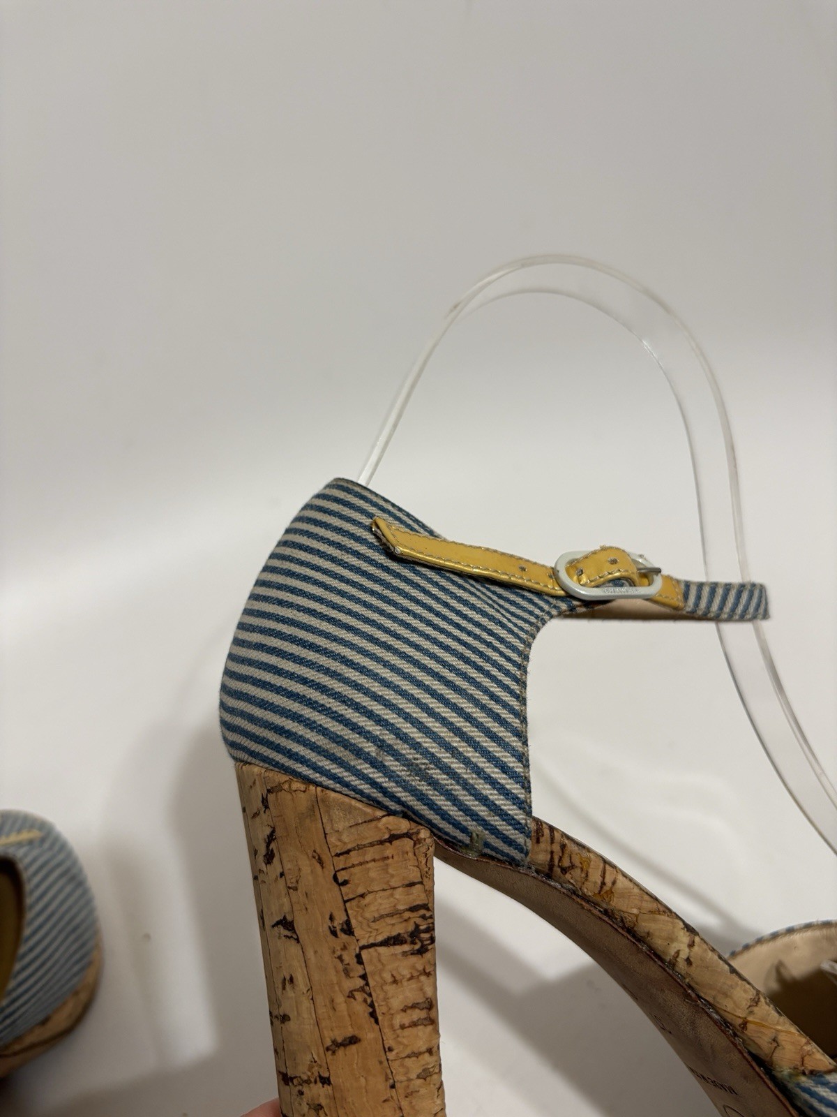 Vtg Chanel Blue CC Logo Striped Platform Heels 37