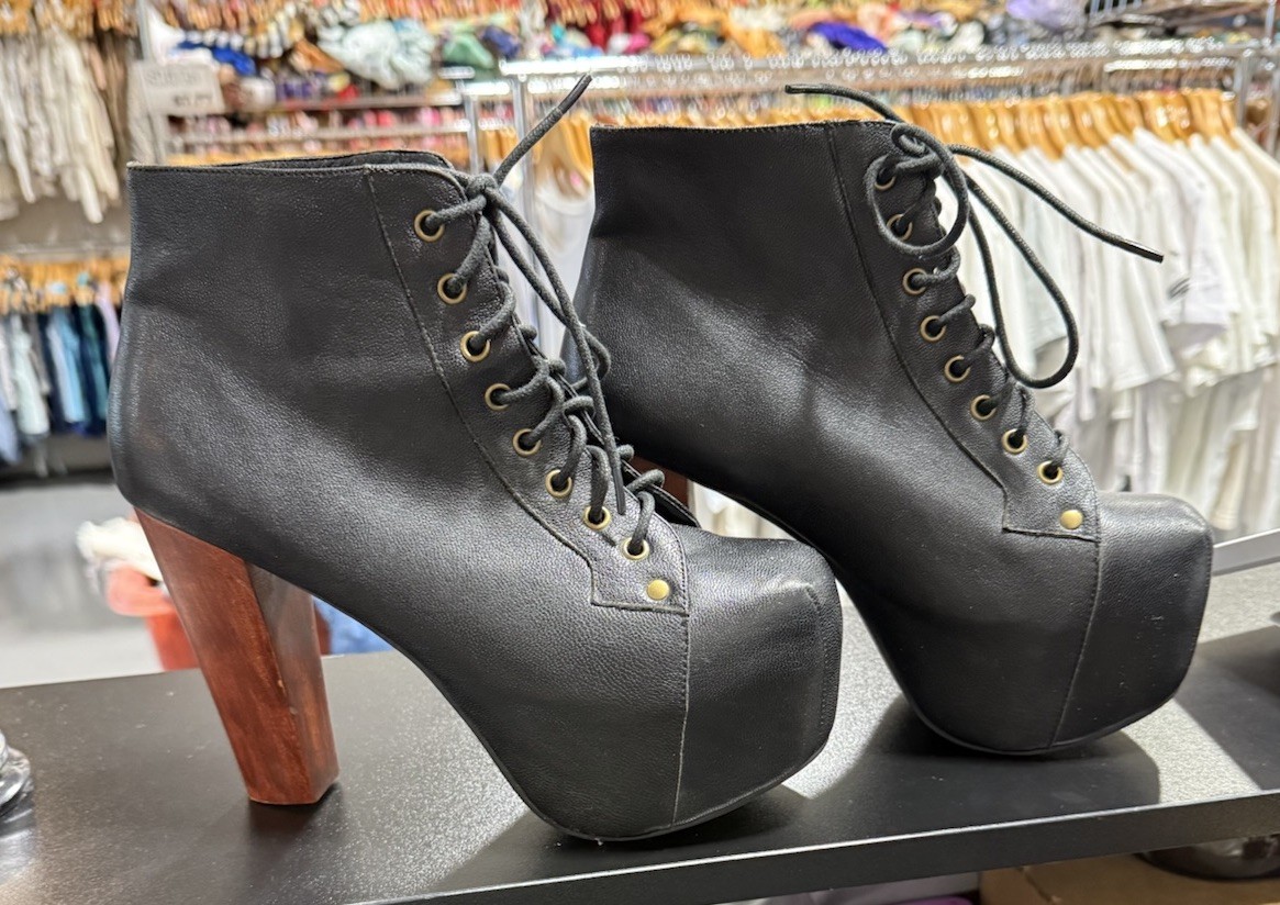 Jeffrey Campbell Lita Platform Boots 8.5 Black Leather Walnut Heel