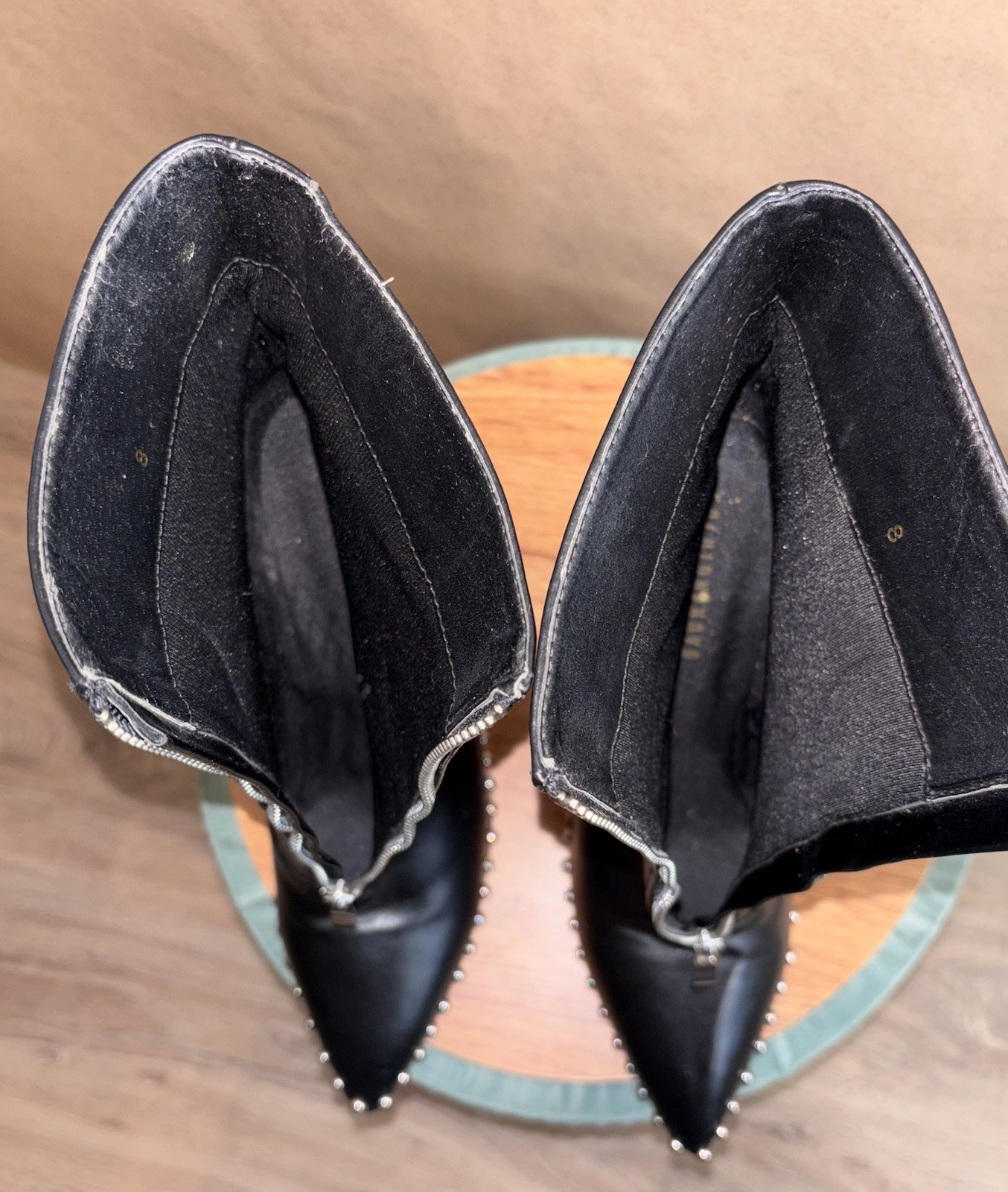 Black Studded Pointed-Toe Zip Front Stiletto Ankle Boots. Size 8