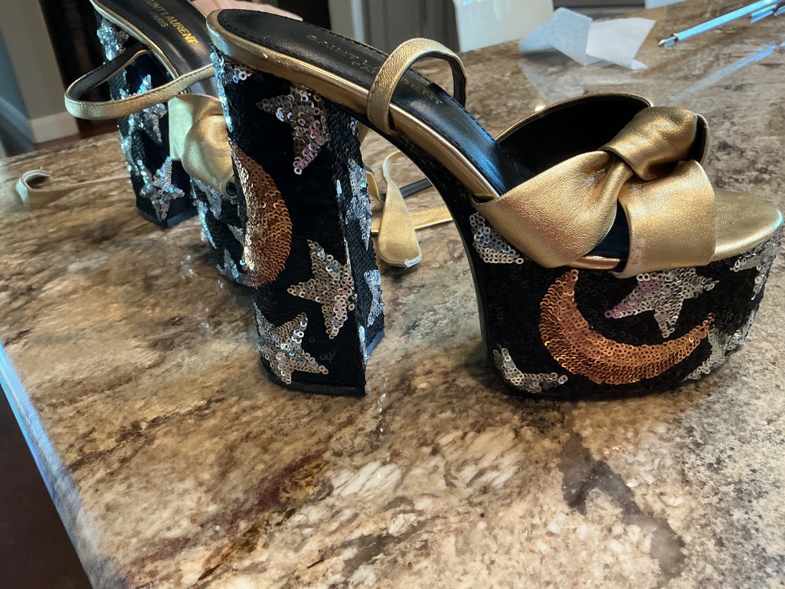Saint Laurent gold & Silver Moon and Star Platform Sandals Shoes Size 39 READ