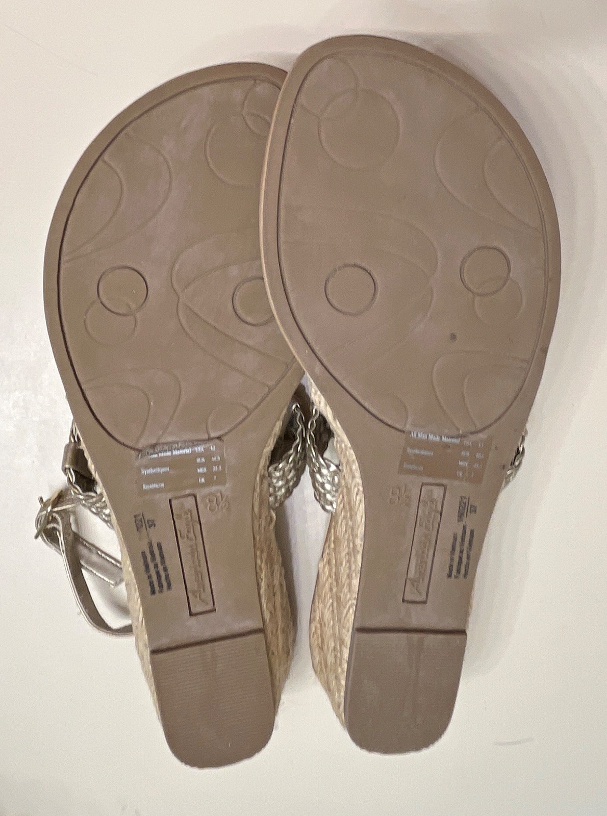 American Eagle Women’s Braided Thong Wedge Sandals Ankle Strap Beige/Silver 8.5