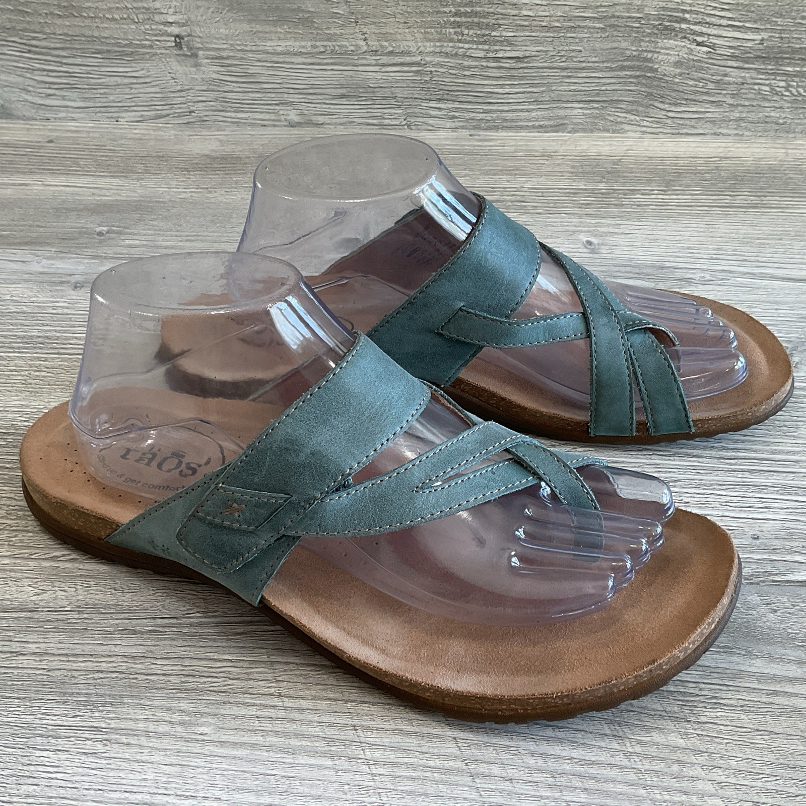 Taos Perfect Sandals Leather Comfort Women 10 Adjustable Cork Footbed Thong Blue