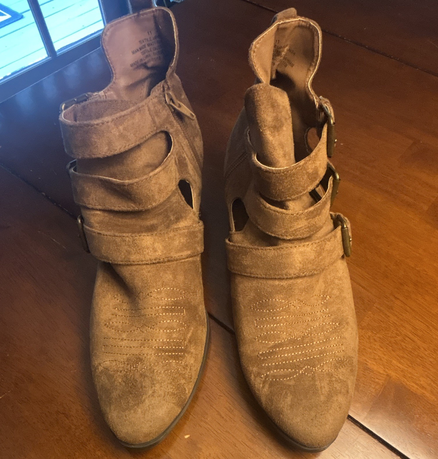 Women’s Brown Suede Cut-Out Ankle Booties Buckle Straps Side Zip US 11