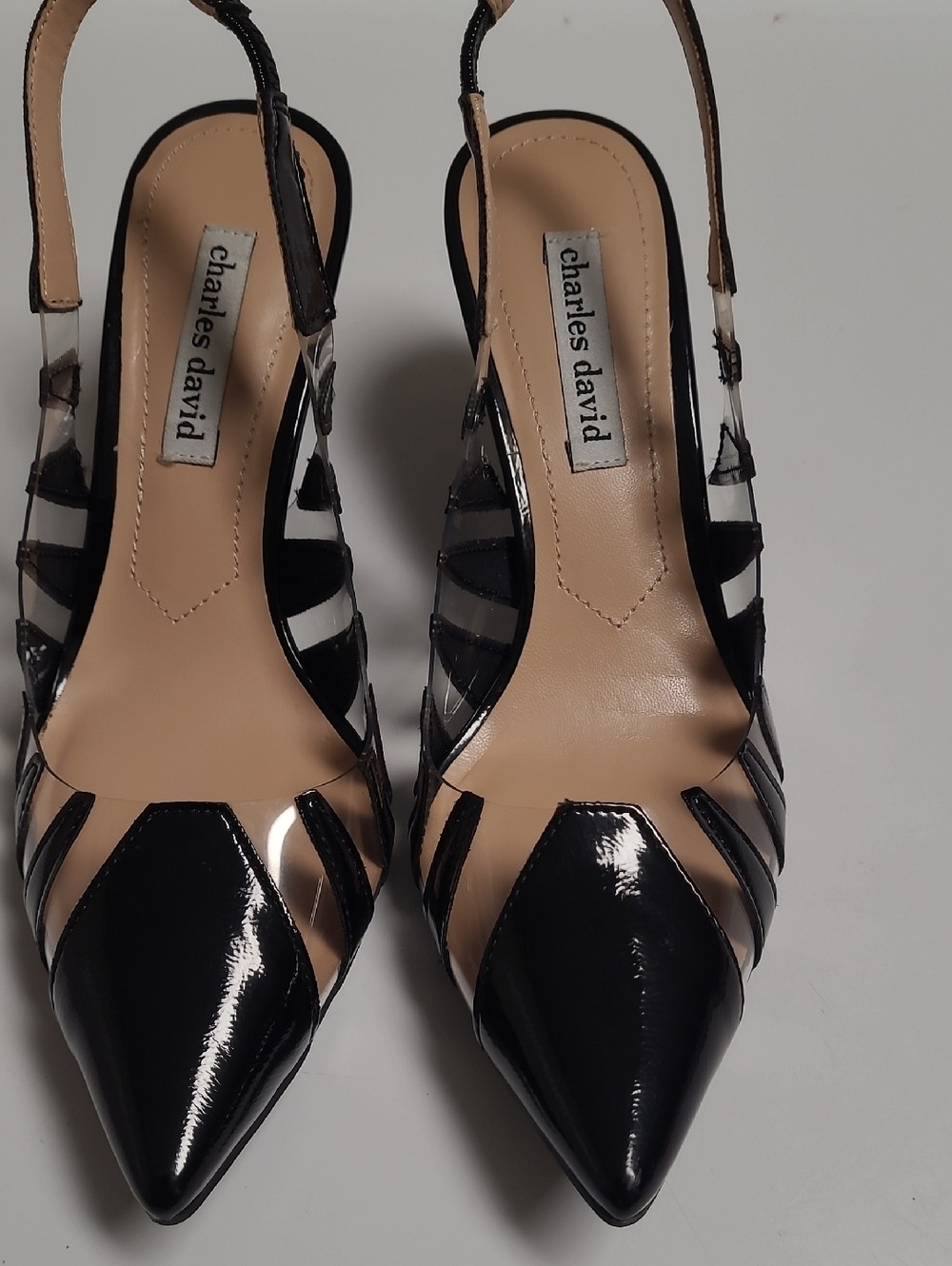Charles David Black Patent Pointed-Toe with Clear-Panel Slingbacks – Size 8