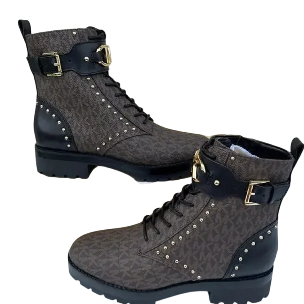 Michael Kors Kincaid Logo Studded Combat Boot Brown/Black 6/6.5/7/7.5/8/8.5/9