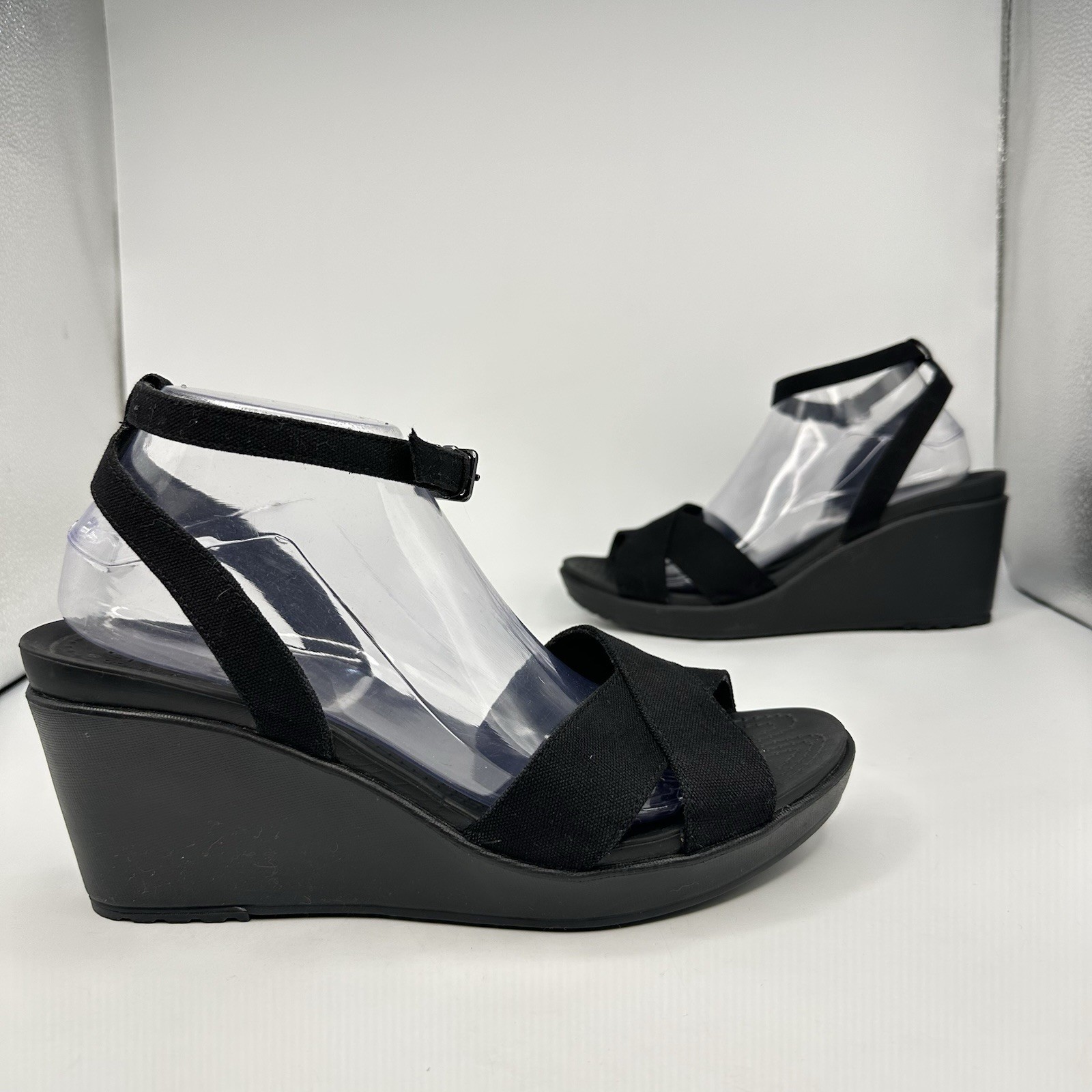 Crocs — Leigh II Women 11 Ankle Strap Wedge Canvas Croslite Foam Sandal 204950
