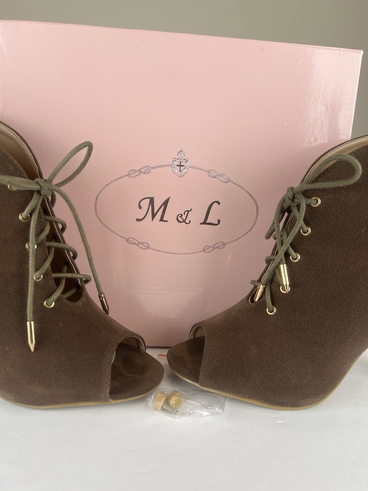 M & L Women’s Peep Toe Lace Up Ankle Booties Brown Faux Suede 9M