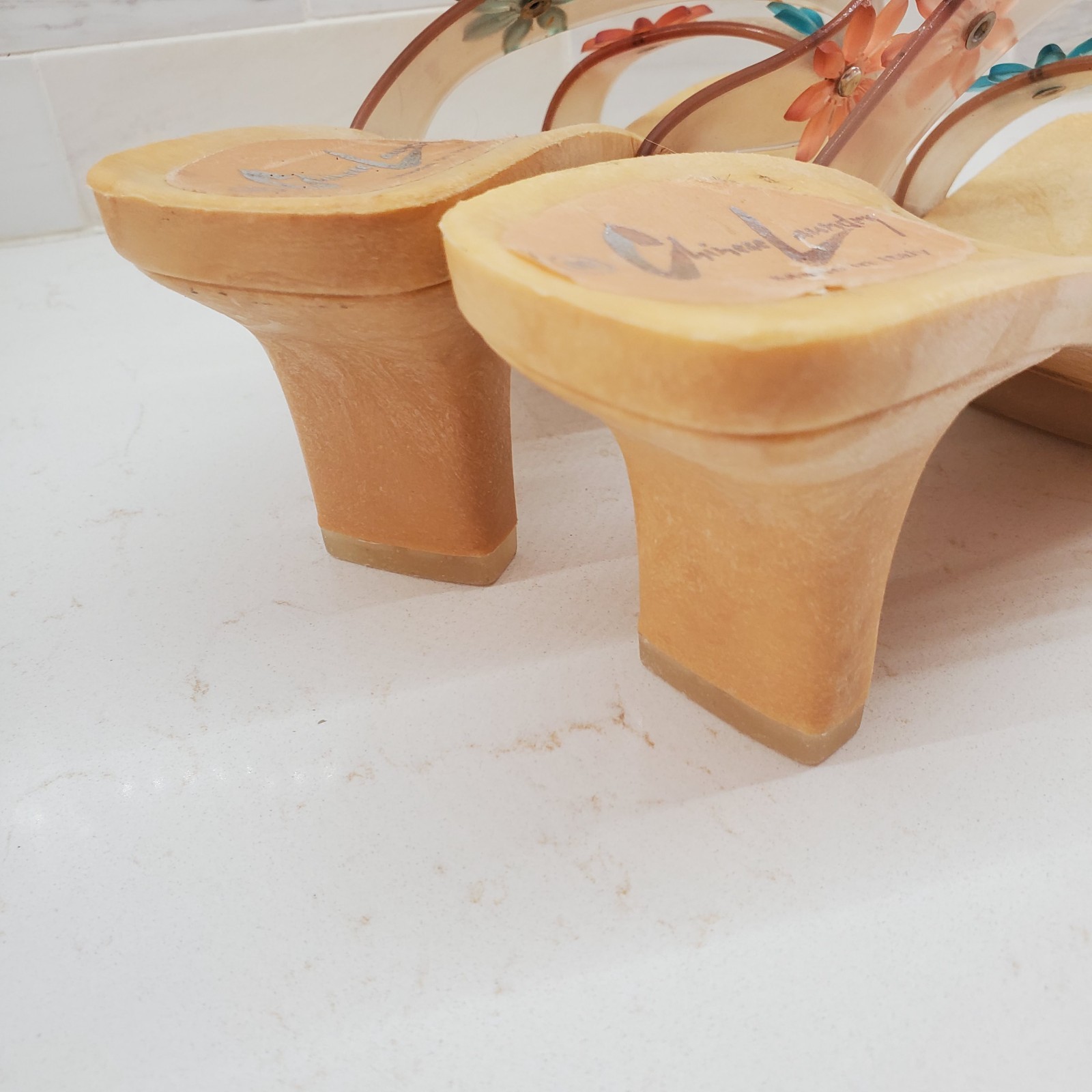 Chinese Laundry Slip-On Heels Clear Straps Jelly Flowers Rubber Platform Italian