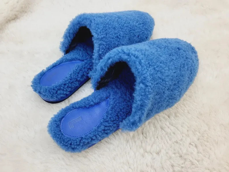 Blue Sheepskin Fur Slippers for Women, Genuine Fur Home Shoes, Gift for women