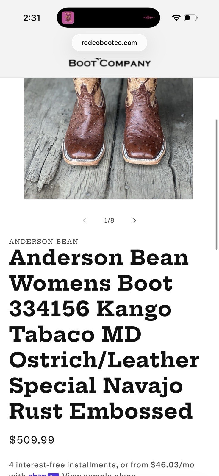 Anderson Bean Women’s Western Ostrich/Leather Boots Brown Tan Square Toe 9C