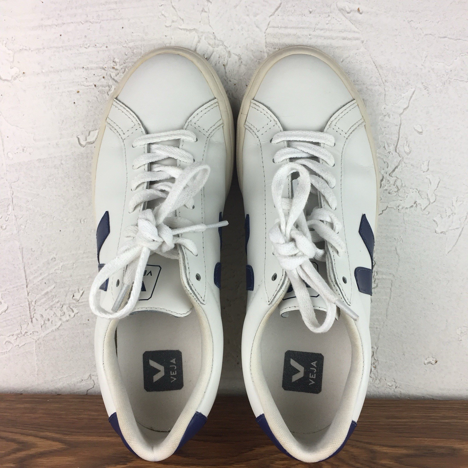 Veja Womens Esplar Leather Sneakers White/Blue US 8.5/ EU 40 Lace -Up Trainers