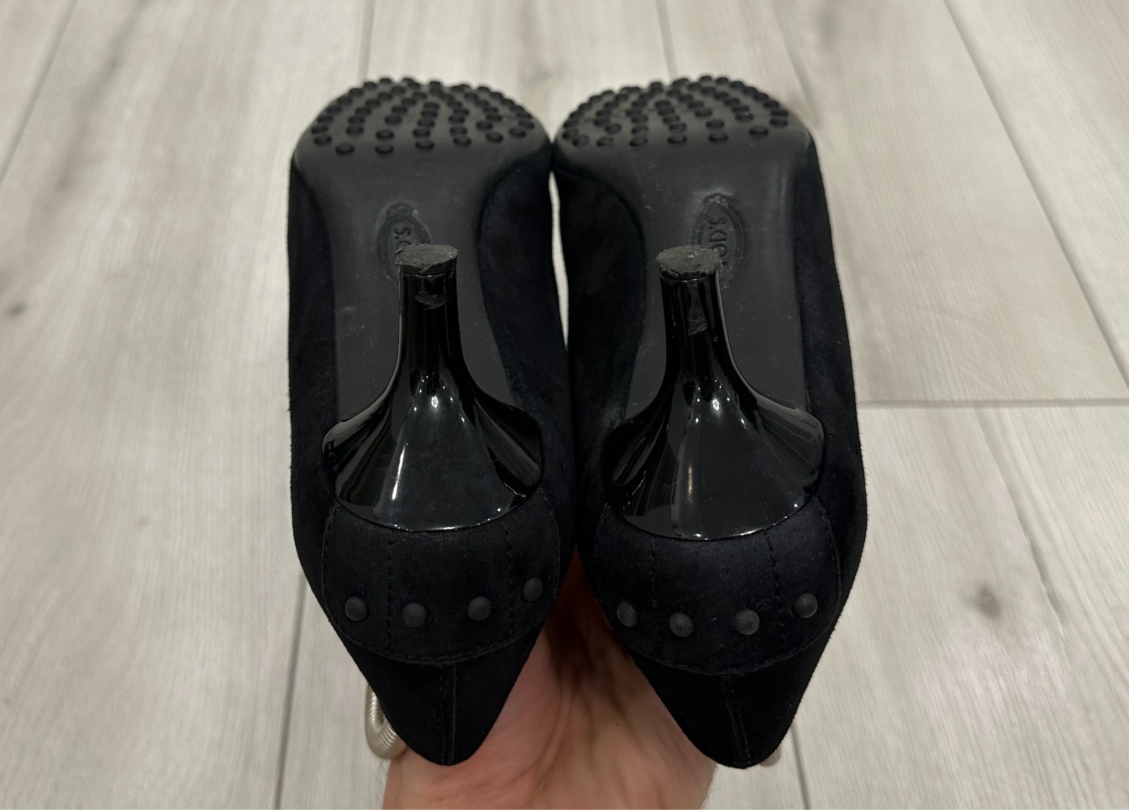 Tod’s Black Suede Patent Leather Gommino Loafer Kitten Heel Pumps Shoes EU 38