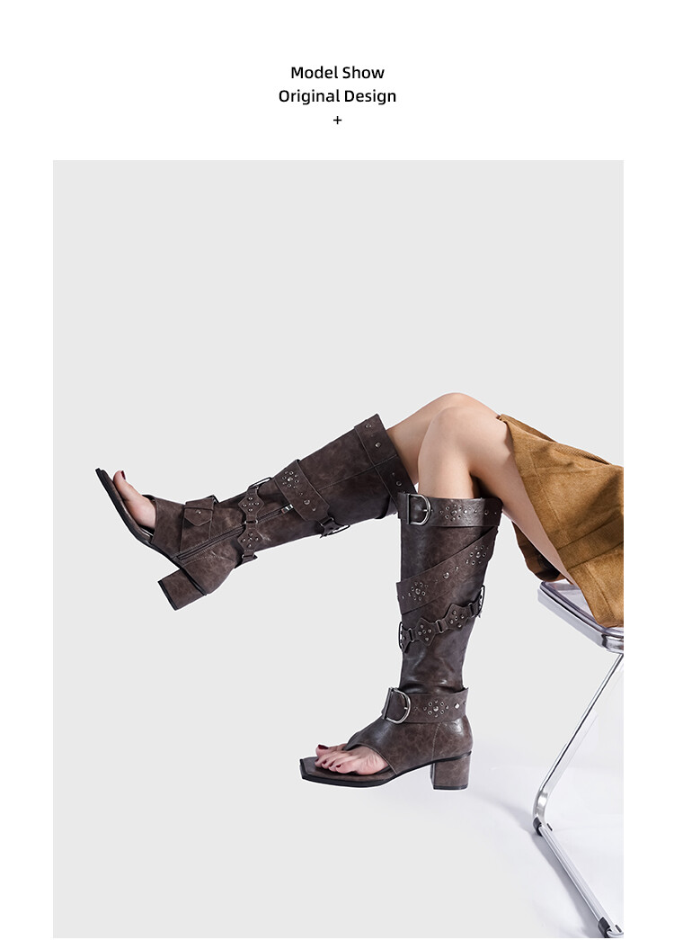 Summer Punk Womens Buckle Sandals Knee High Boots Block Heel Rivets Gothic Shoes