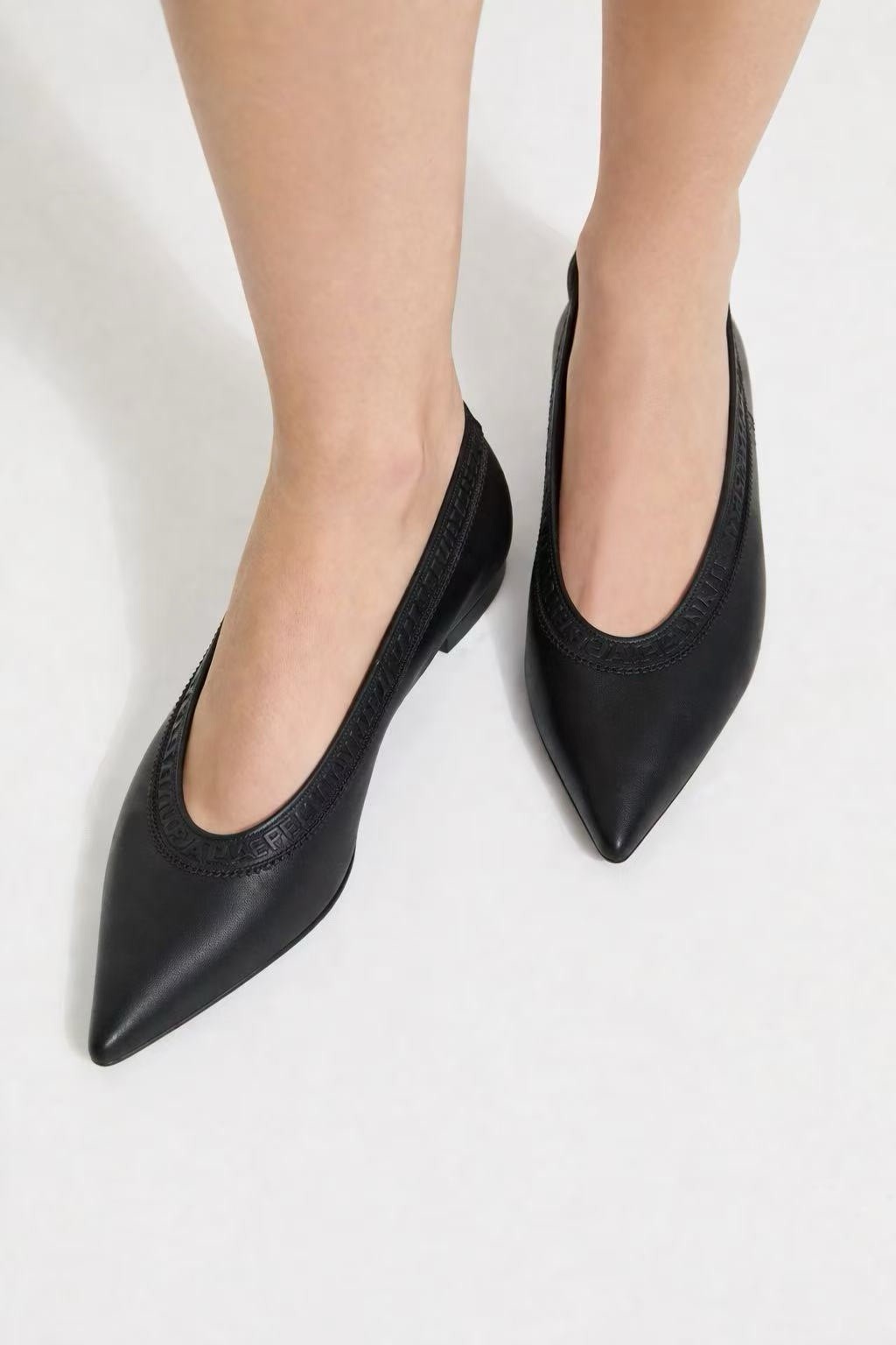 Karl Lagerfeld Paris Vinette Pointed Toe Ballet Flats Black Logo Trim US 8.5