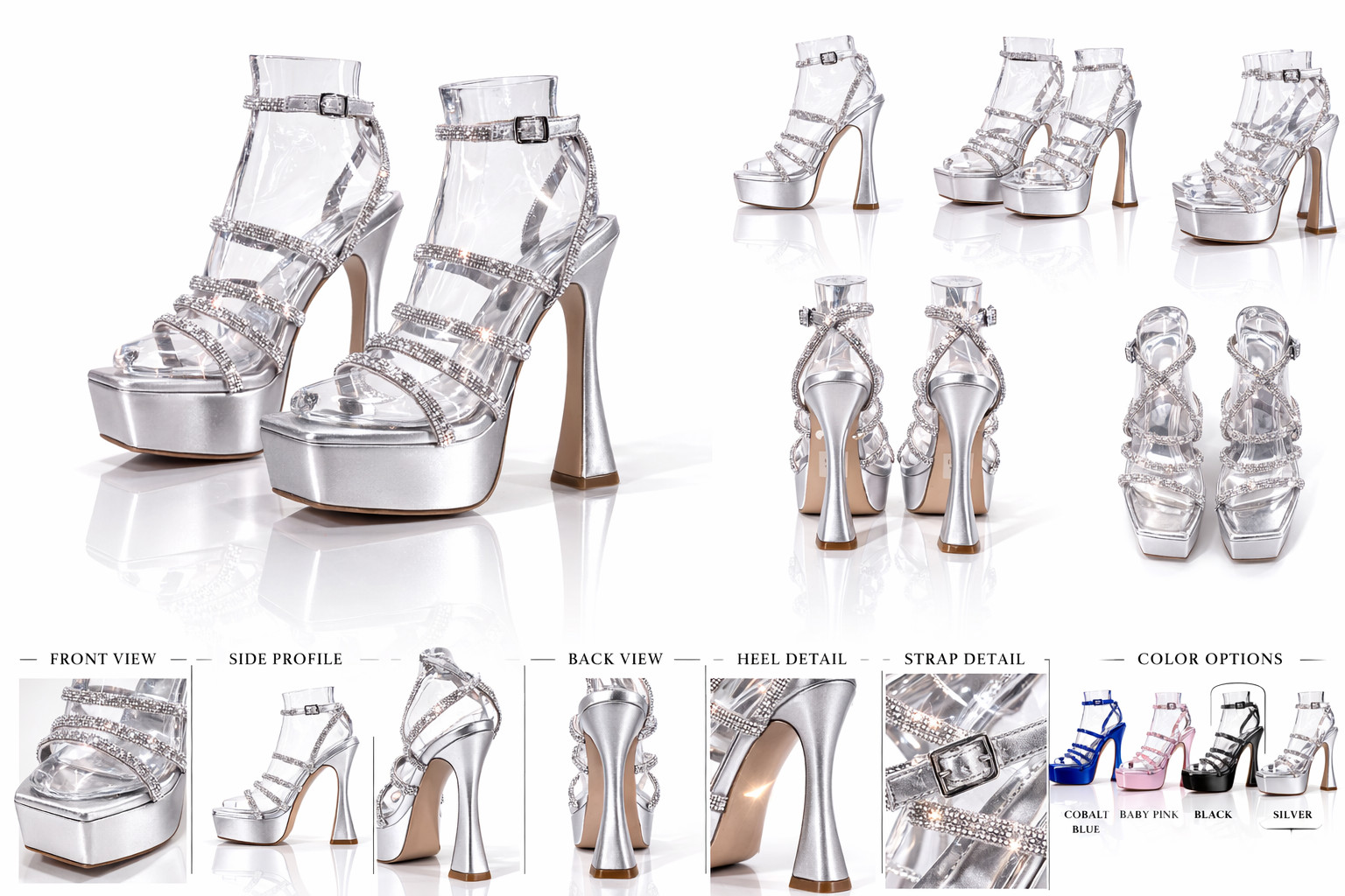 Maui Silver 6″ Flared Platform High Heels Rhinestone Straps