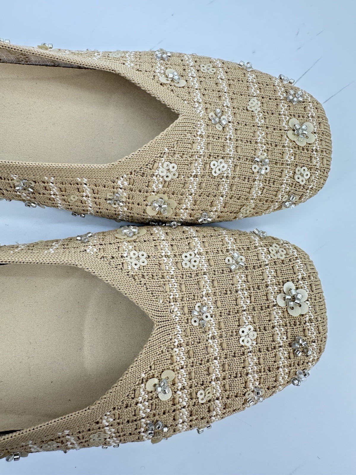 VIVAIA Margot 2.0 Square Toe V-Cut Knit Flats Beige Floral EU 39 US 8 NIB