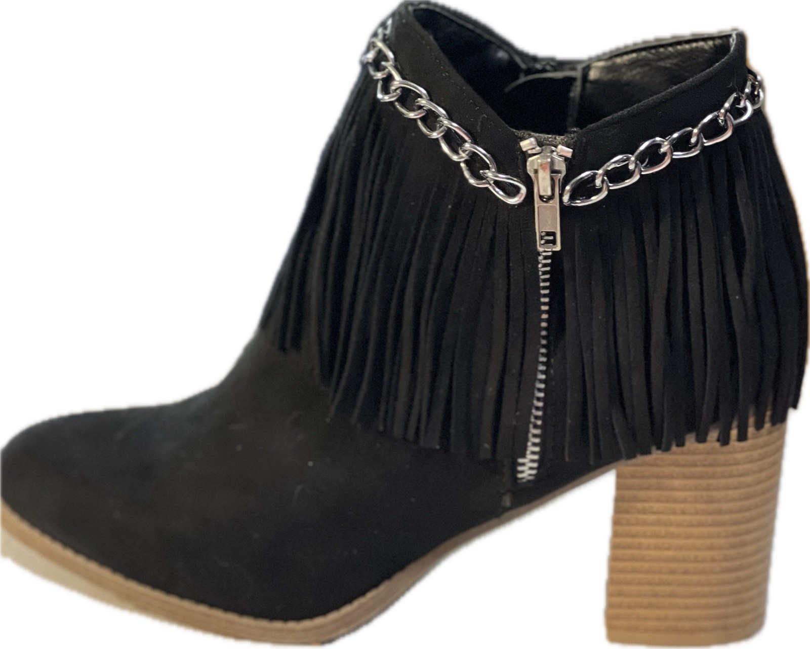 Mata Booties Fringe Women’s Size 10 Michelle 1 Black Chain 3″ Heel Side Zip Y2K