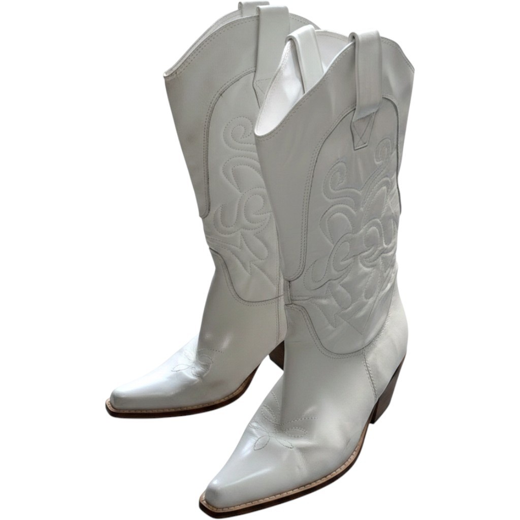 Western America Luxe Ivory Leather Cowboy Boots Women’s 8 Square Toe