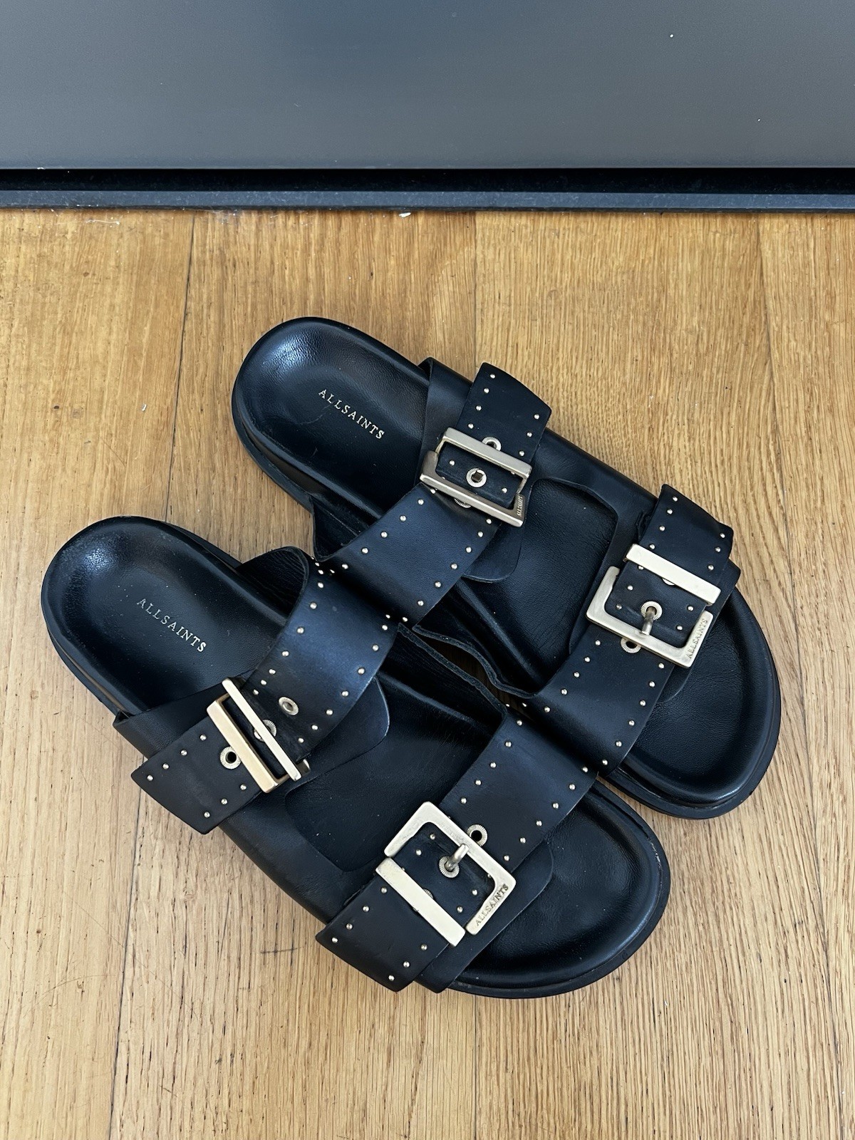 Allsaints Magda studded leather sandals black gold women size EU 40 USA 10