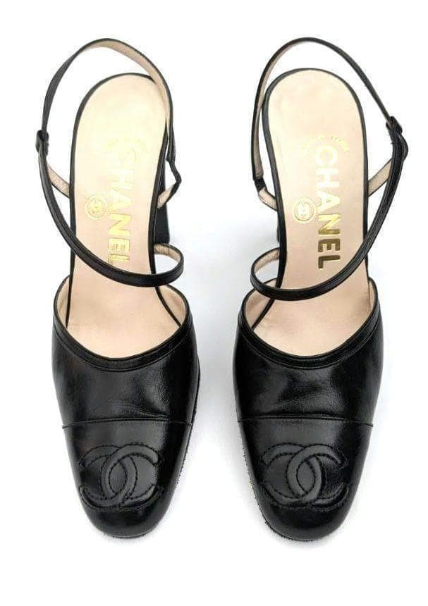 CHANEL Sandals Pumps 22.5cm Black Leather Ankle Strap Coco Mark