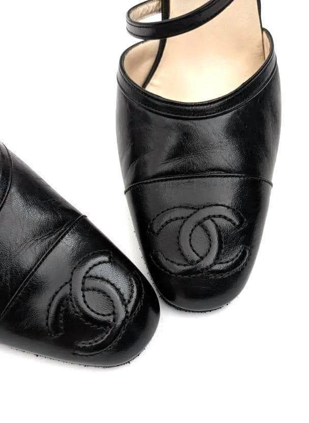 CHANEL Sandals Pumps 22.5cm Black Leather Ankle Strap Coco Mark