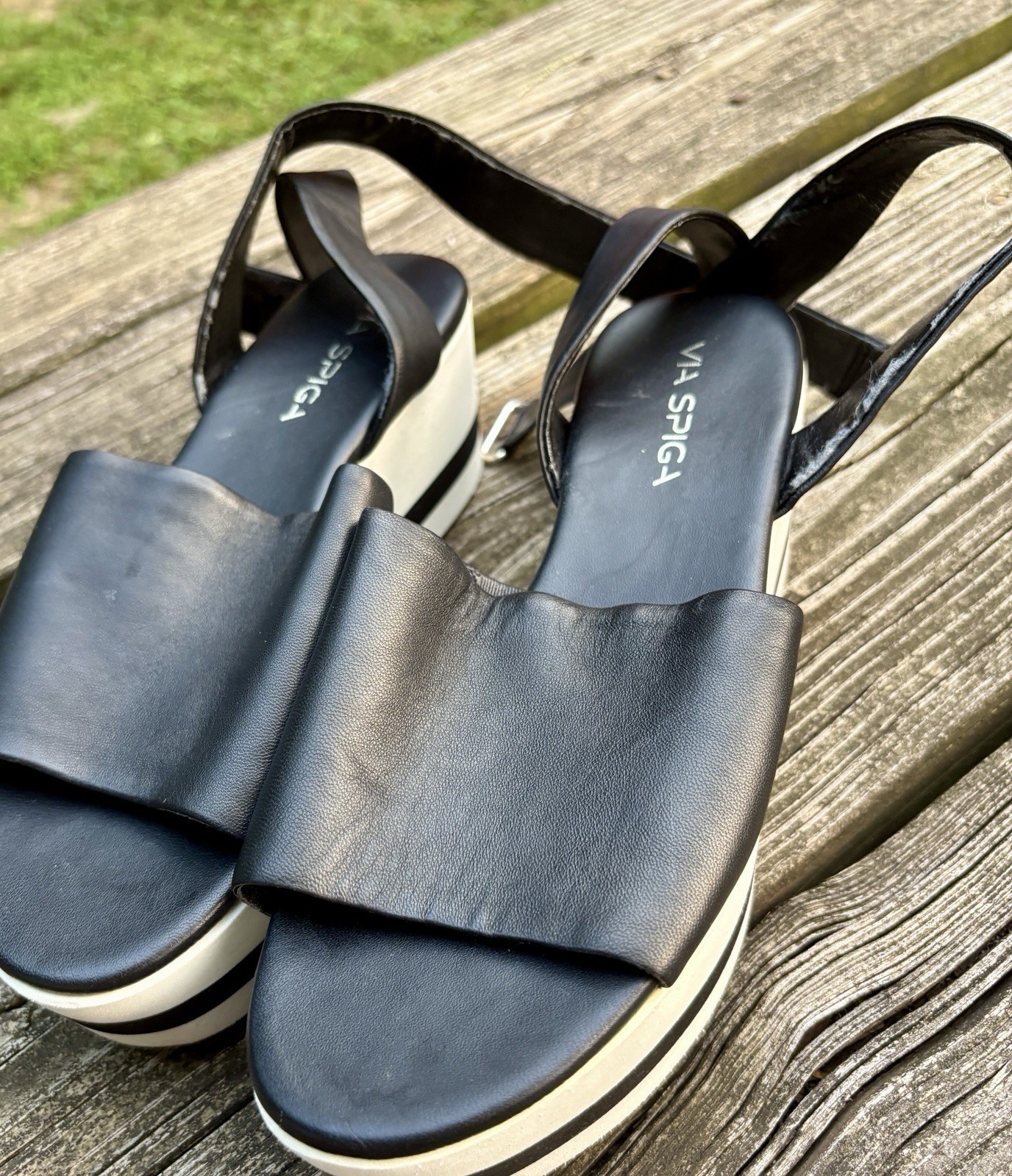 Via Spiga Women’s Black White Nirvelli Sandal Platform Wedge Ankle Strap Sz 7