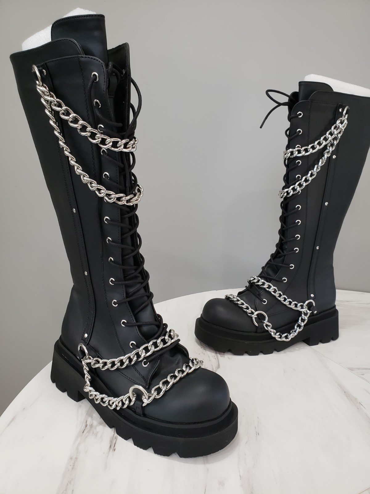 DEMONIA Renegade Draped Chain Combat Knee High Boots Goth Punk Rocker Biker Boot