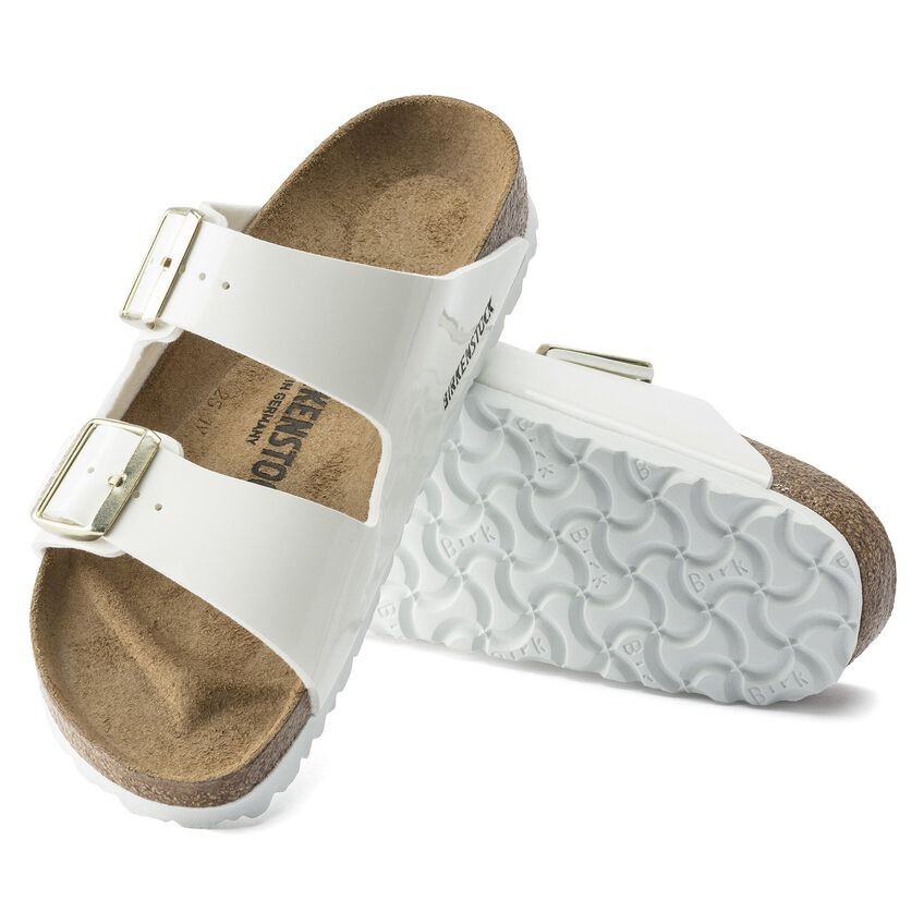BIRKENSTOCK ARIZONA PATENT WHITE MEDIUM/NARROW WIDTH GLOSSY SLIDE SANDALS SHINY