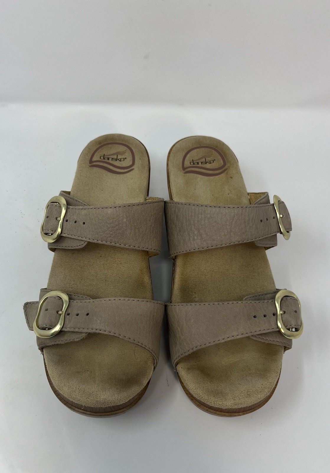Dansko Womens Sandals 38 Sophie Beige Double Buckle Straps Wood Grain Look Heels