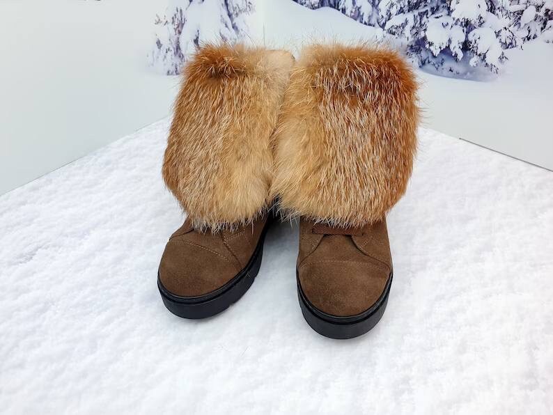 Real fox brown suede demi ankle platform boots for women