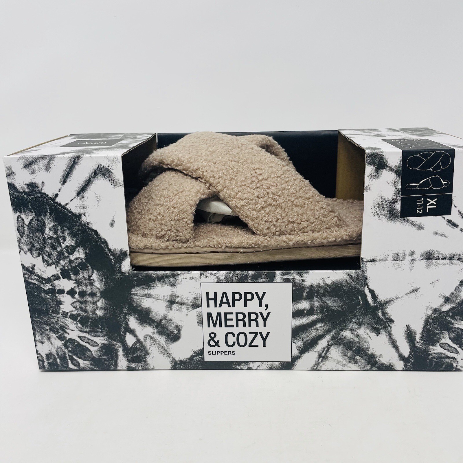 Jenni Womens 11/12 Faux-Sherpa Cross-Strap Slide Boxed Slippers Toffee $35 157