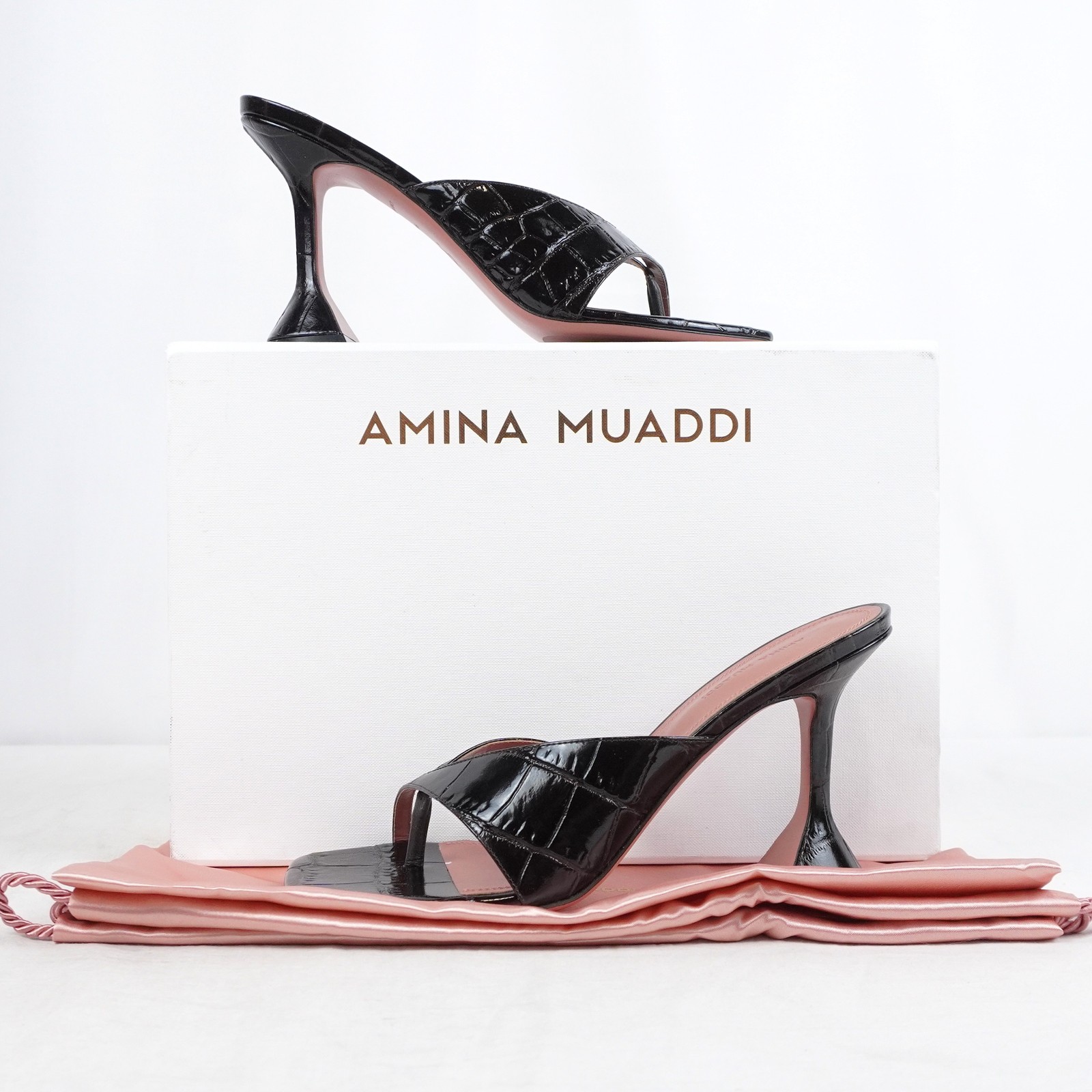 Amina Muaddi Shinoa Croc Embossed Leather Heels In Coffee – Women’s Size EU 39.5