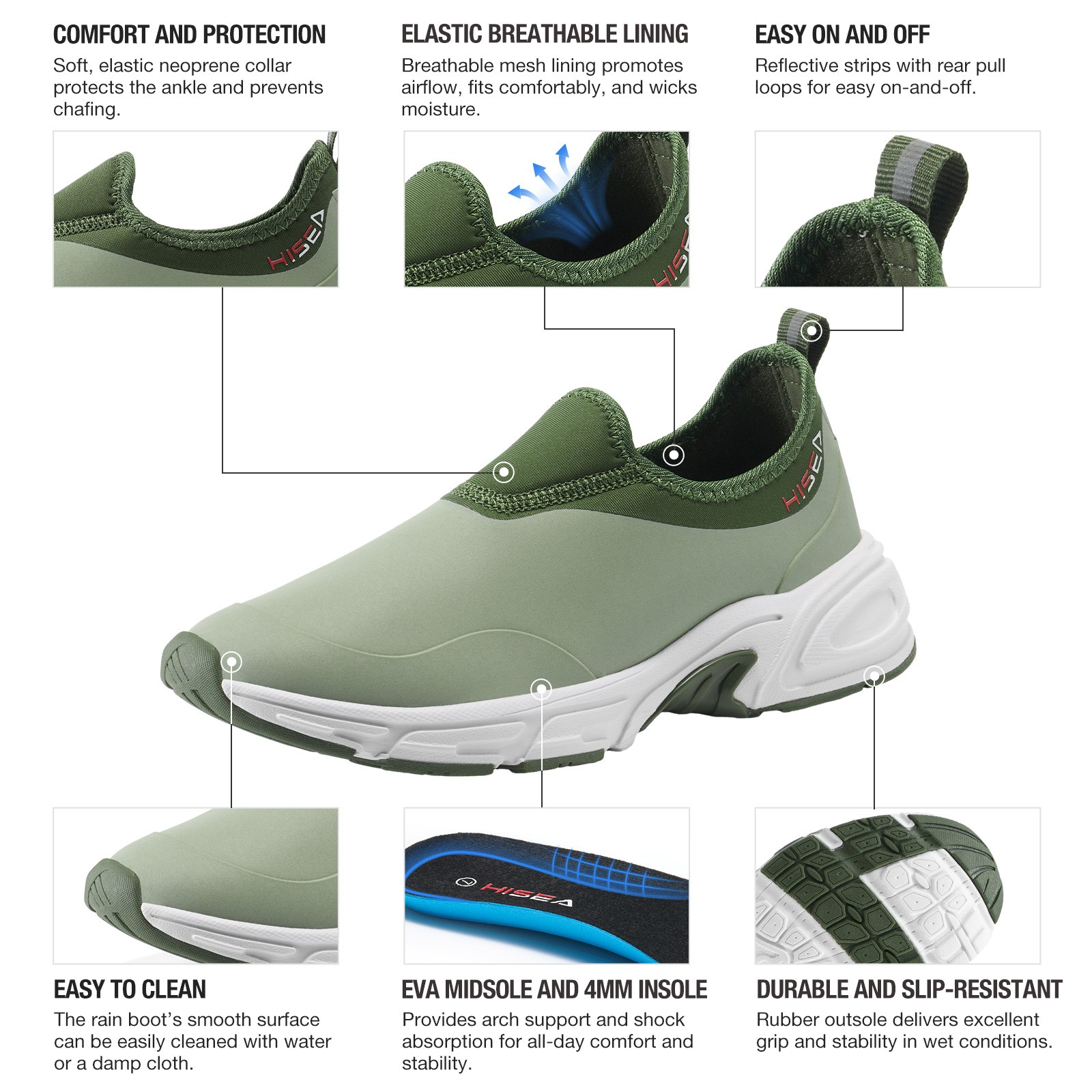 HISEA Women Waterproof Sporty Rain Shoes Slip On Walking Shoes Ankle Garden Shoe
