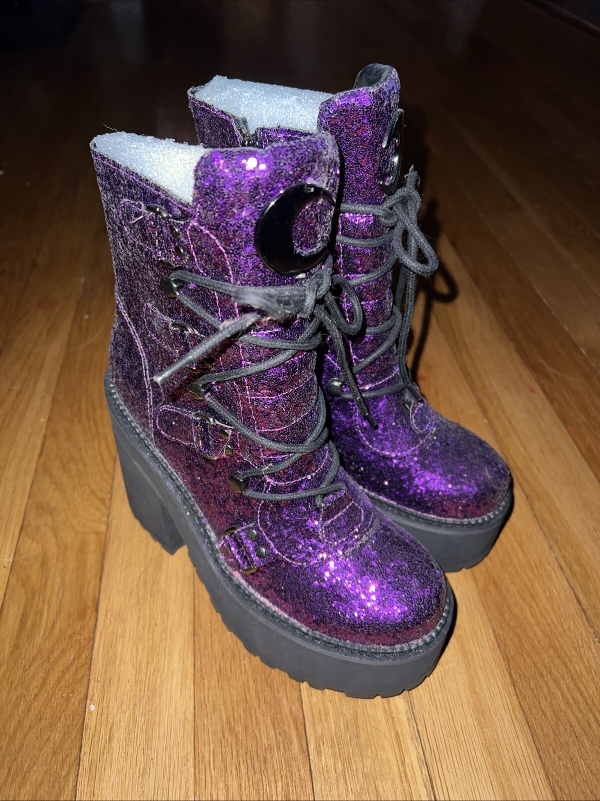 Killstar Platform Boots Heels Size 5 Glitter Purple Cosplay Goth Halloween NWOB