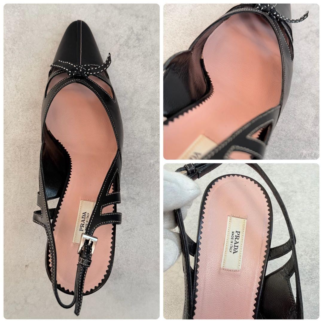 Prada Stitched Bow Slingback Heels Black Leather Women’s US 6 UK 3.5 EU 36 Pumps