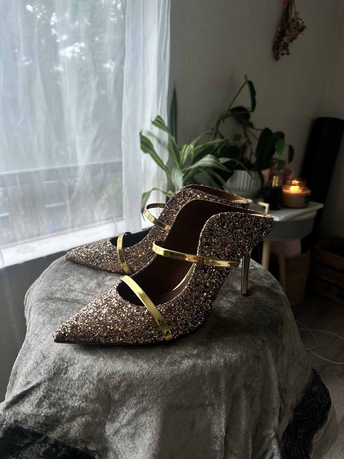 Malone Souliers Gold Glitter Pointed Toe Strappy Mule Stiletto Heels US 9