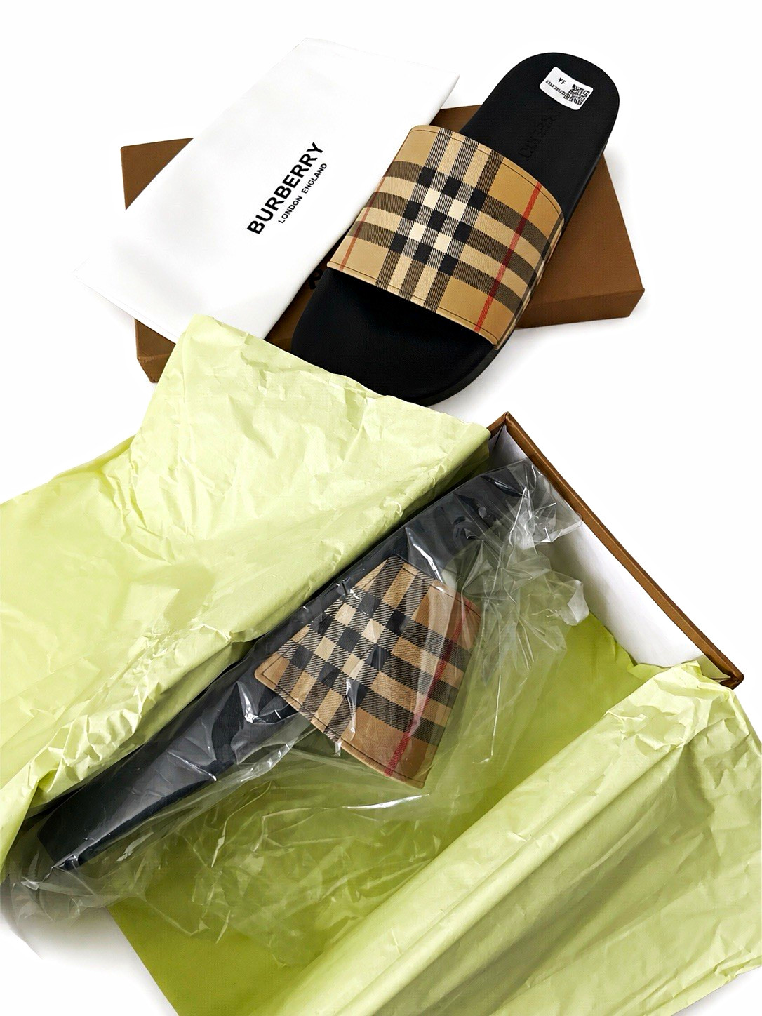 Burberry Check Leather Slide Sandals Black/Beige Logo Slip-On Unisex 10.5