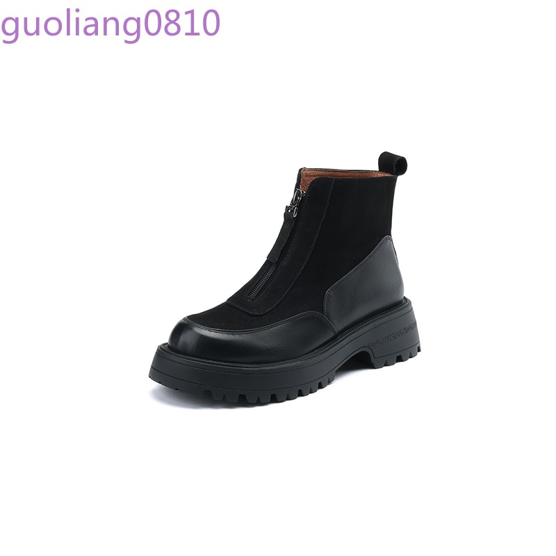 Women’s Leather Ankle Boots Round Toe Shoes Block Heel Zip Platform Fashion OL