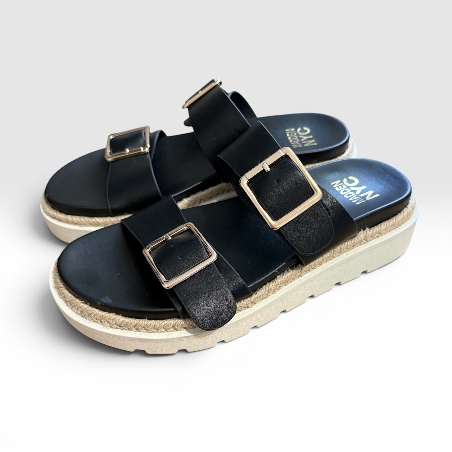 Madden NYC Black Double Buckle Platform Slide Sandals Women’s Size 8 Espadrille