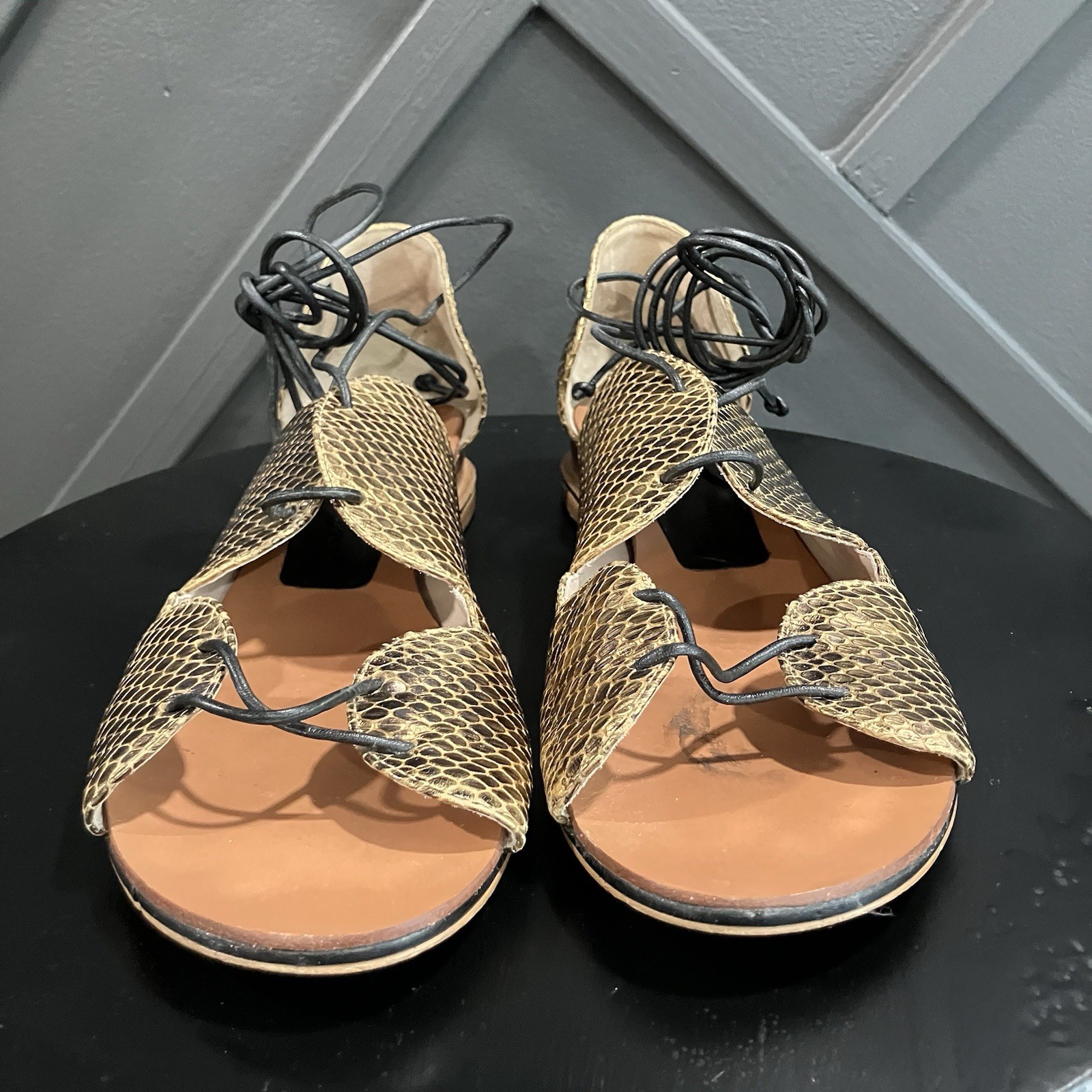 Crosby Derek Lam Snakeskin Print Lace Up Gladiator Sandals Ankle Wrap Flats