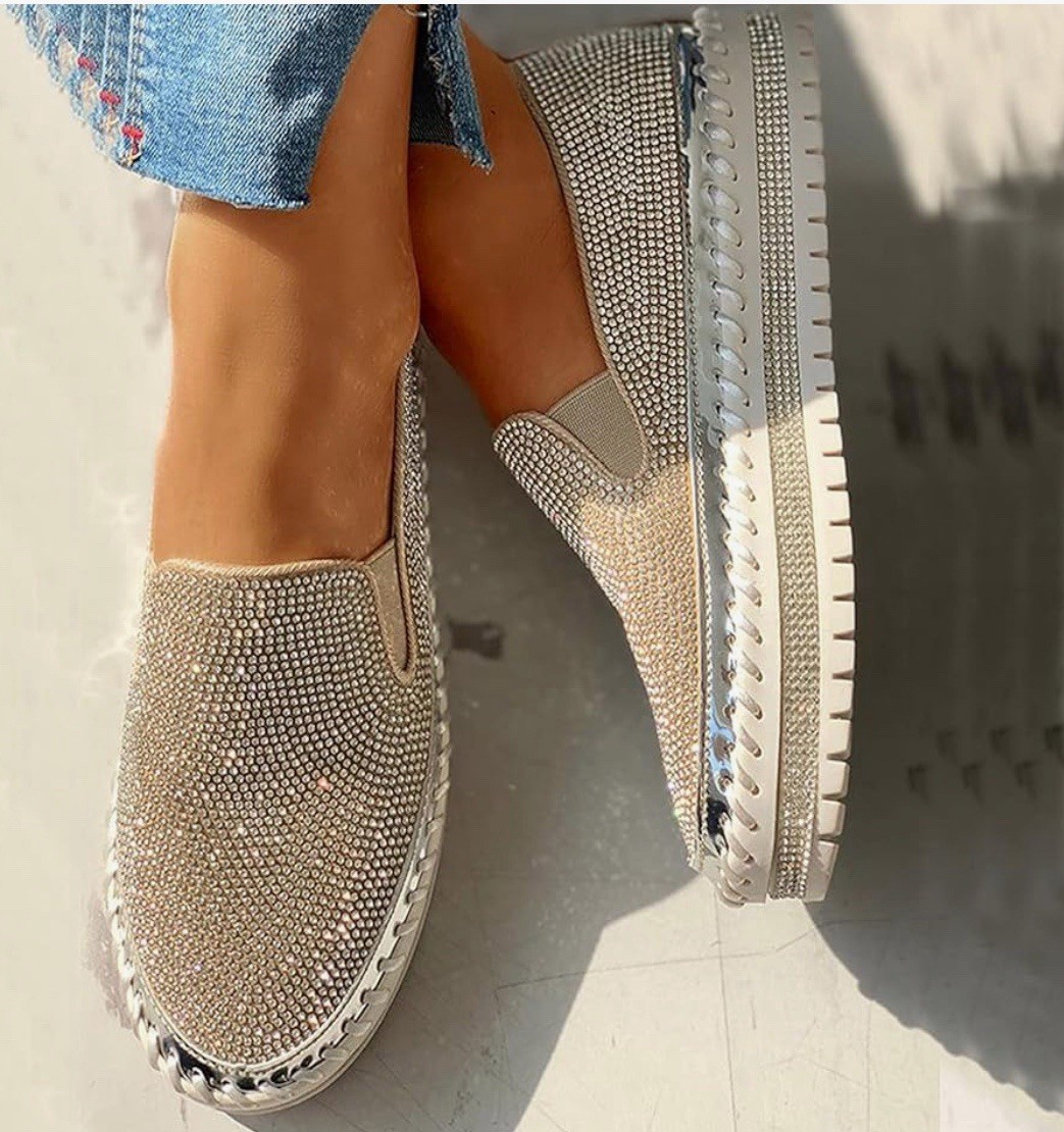 Muguan Rhinestone Silvery Glitter Thick Sole Slip-On Sneakers Size 5.5 M
