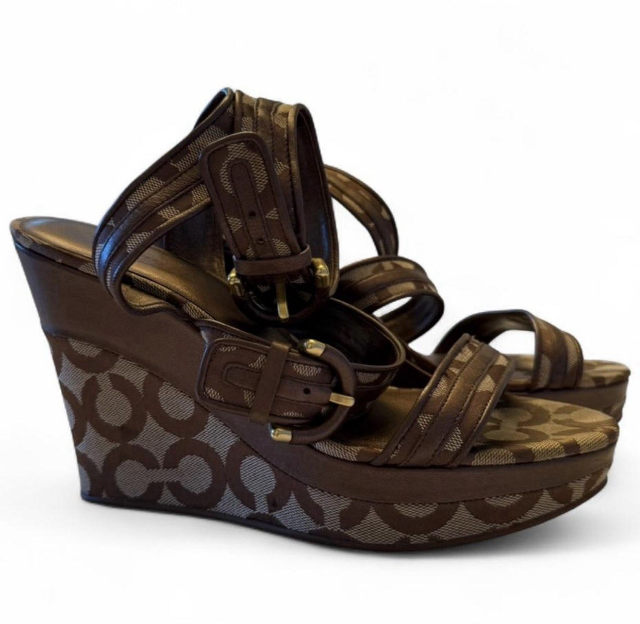 Coach Signature Brown Leather Wedge Strappy Ankle Strap Buckle Sandals 8.5