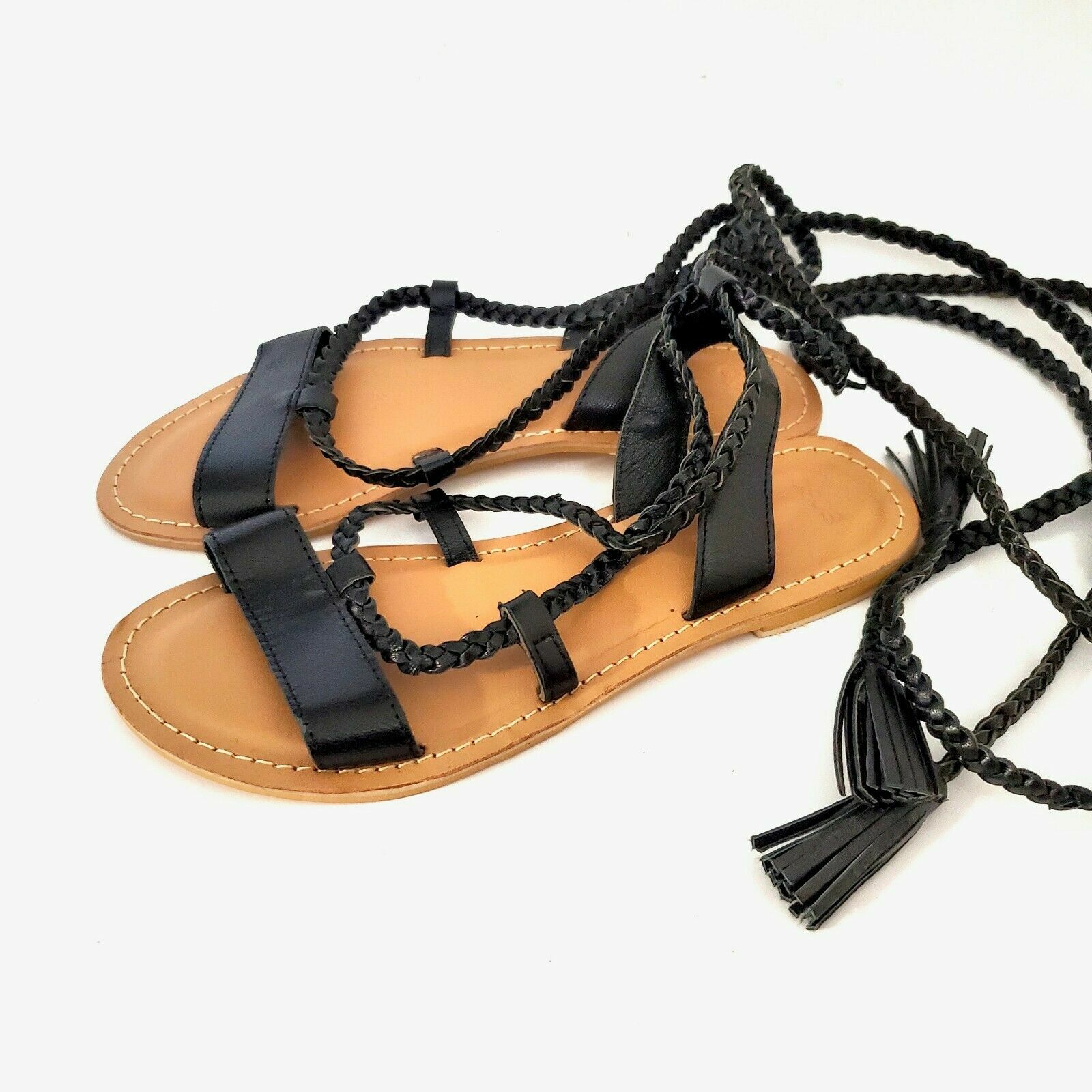 ASOS Black Braided Lace Up Gladiator Sandals Tassel Boho Strappy Flats Size 6