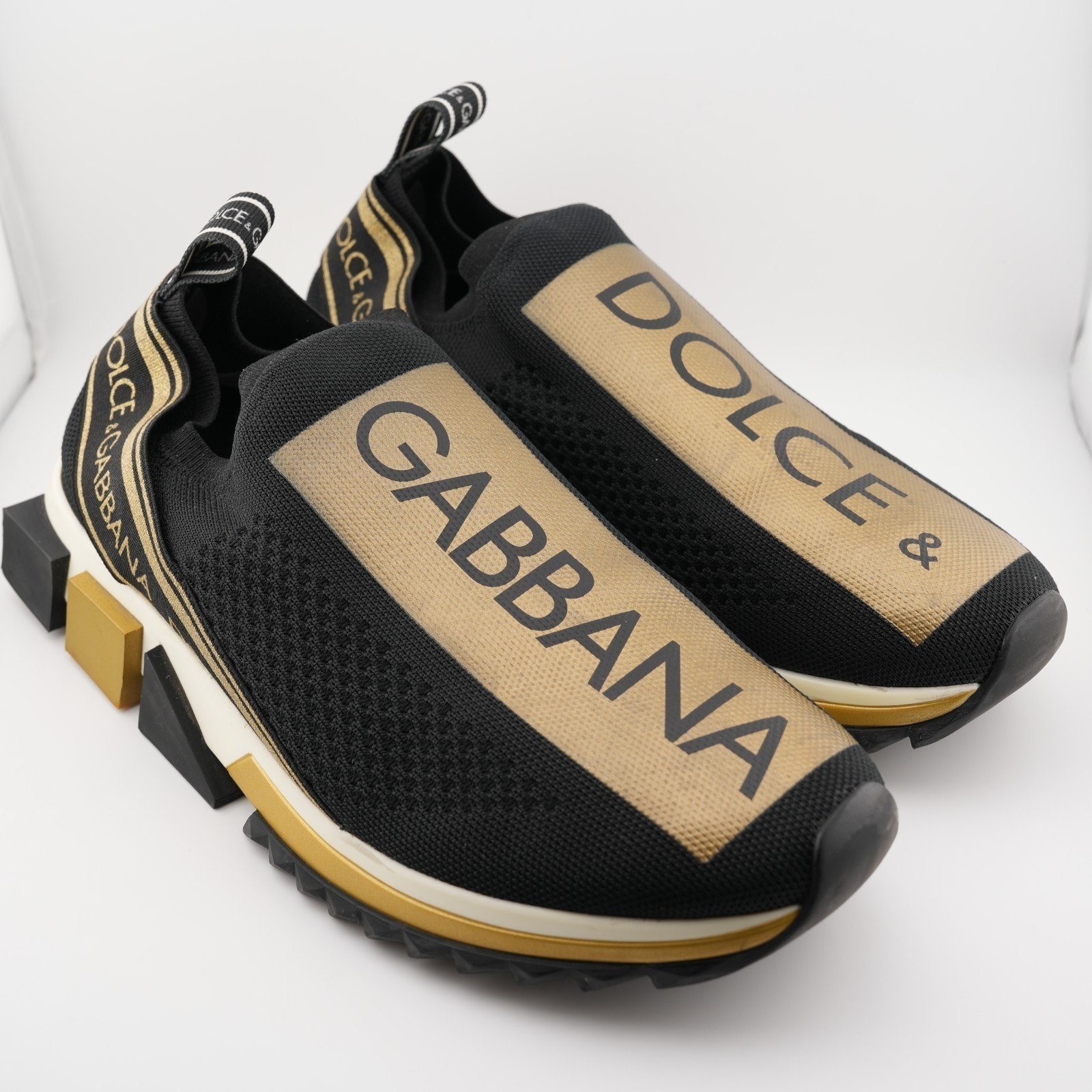 Dolce & Gabbana Black Gold Knit Fabric Sorrento Slip On Sneaker Women 11