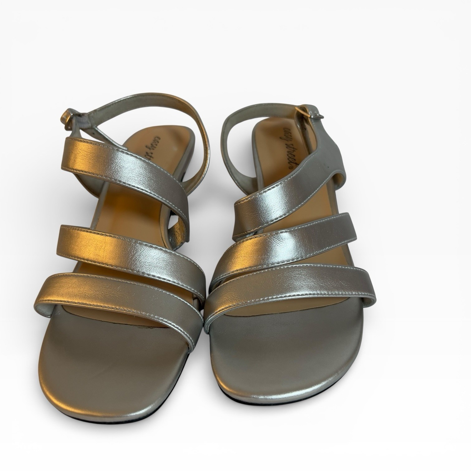 Easy Street Silver Strappy Kitten Heel Sandals Women Size 10W Wide Wedding Dress